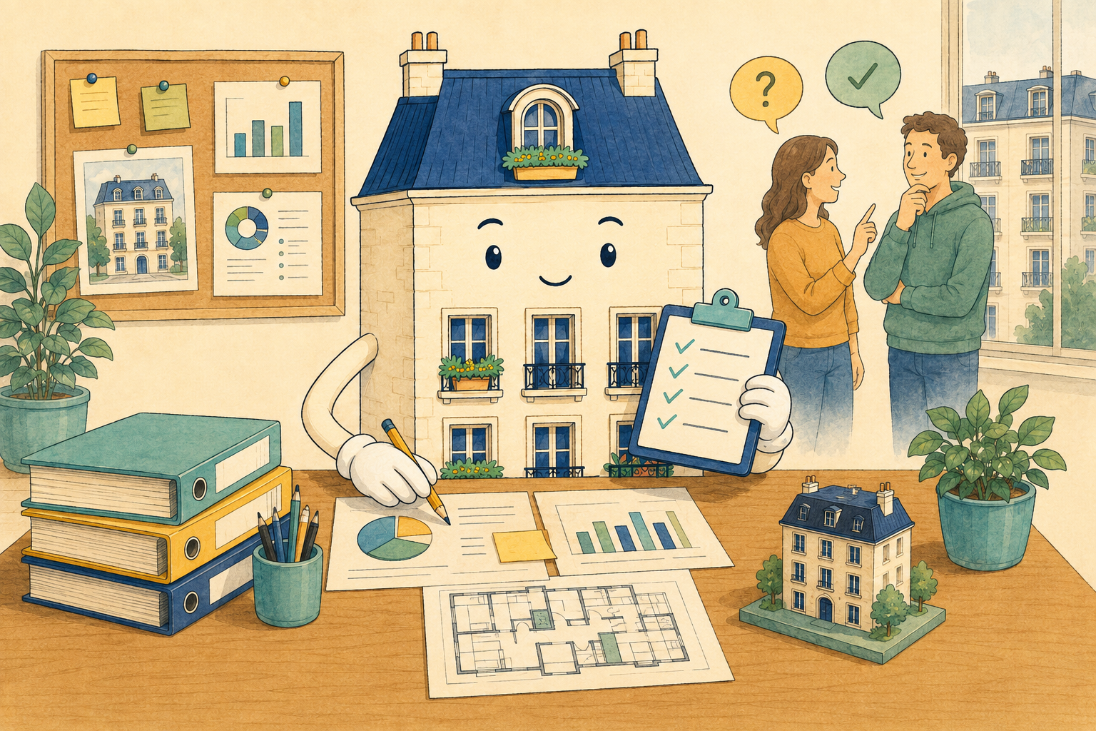 Illustration CoproClair d’une maison mascotte analysant des graphiques et une check-list avec deux résidents en discussion.