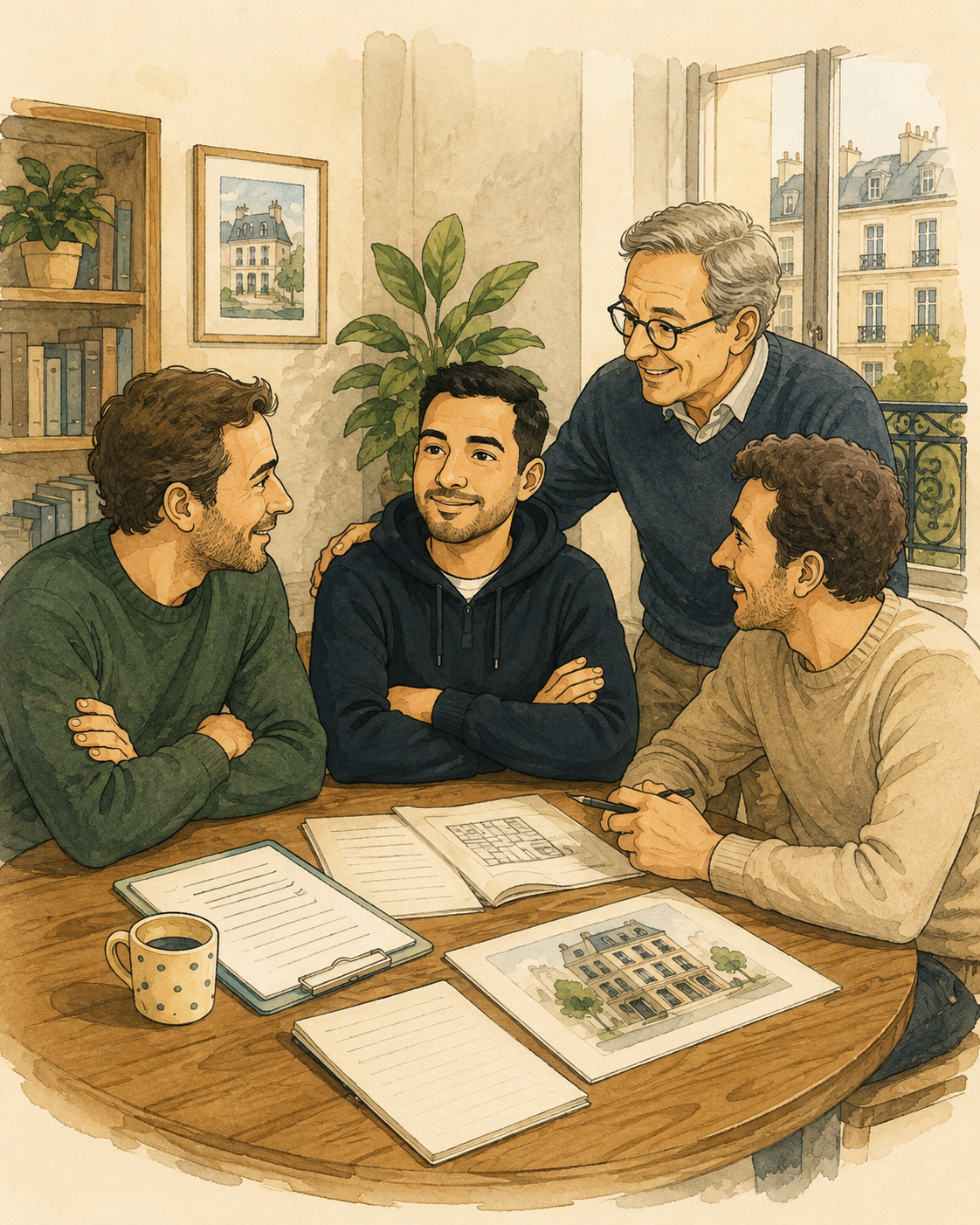 Illustration CoproClair représentant Brice aux côtés de Michel, François et Laurent dans une ambiance conviviale autour de plans et de documents de copropriété.