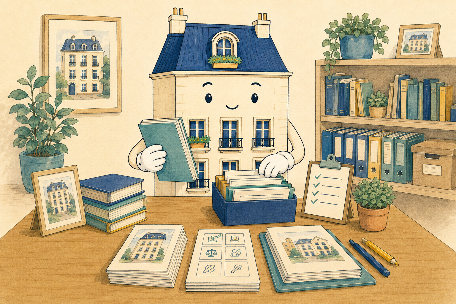 Illustration CoproClair de la maison mascotte organisant guides, dossiers et ressources.